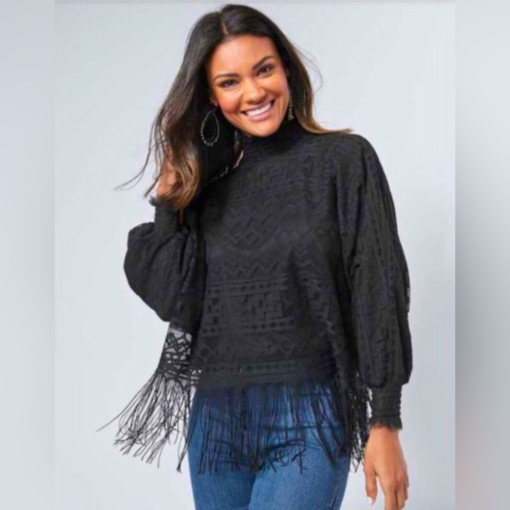 NWOT. Venus black lace fringe top Size M with high neckline and long sleeves.